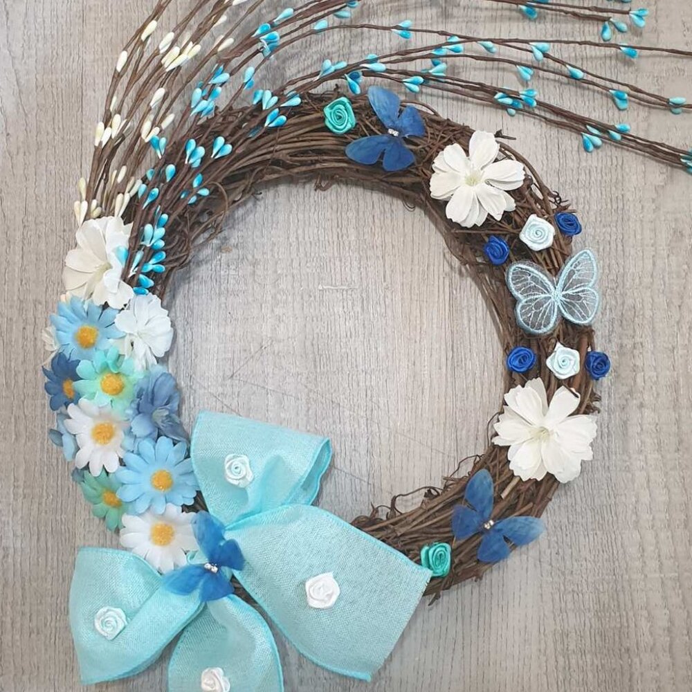Camellia Blue Flowers Wicker Wreath Butterfly Farm House Office Home Wall Decor